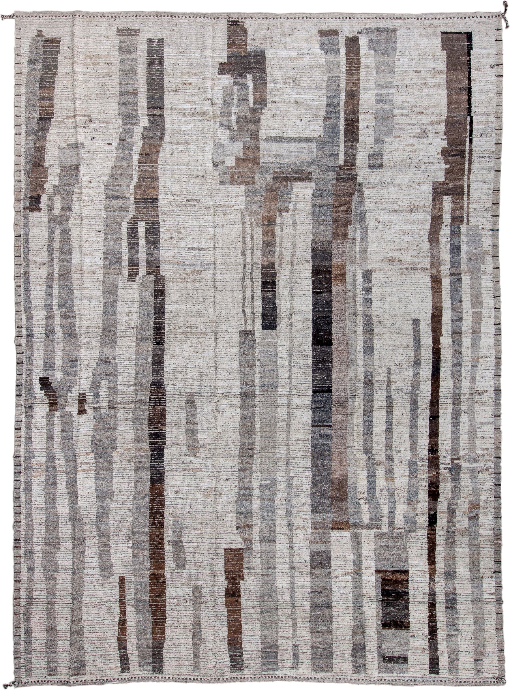 10' x 13' one-of-a-kind handmade vintage Tulu large size rug. Color palette: ivory, gray, taupe, charcoal, brown, beige