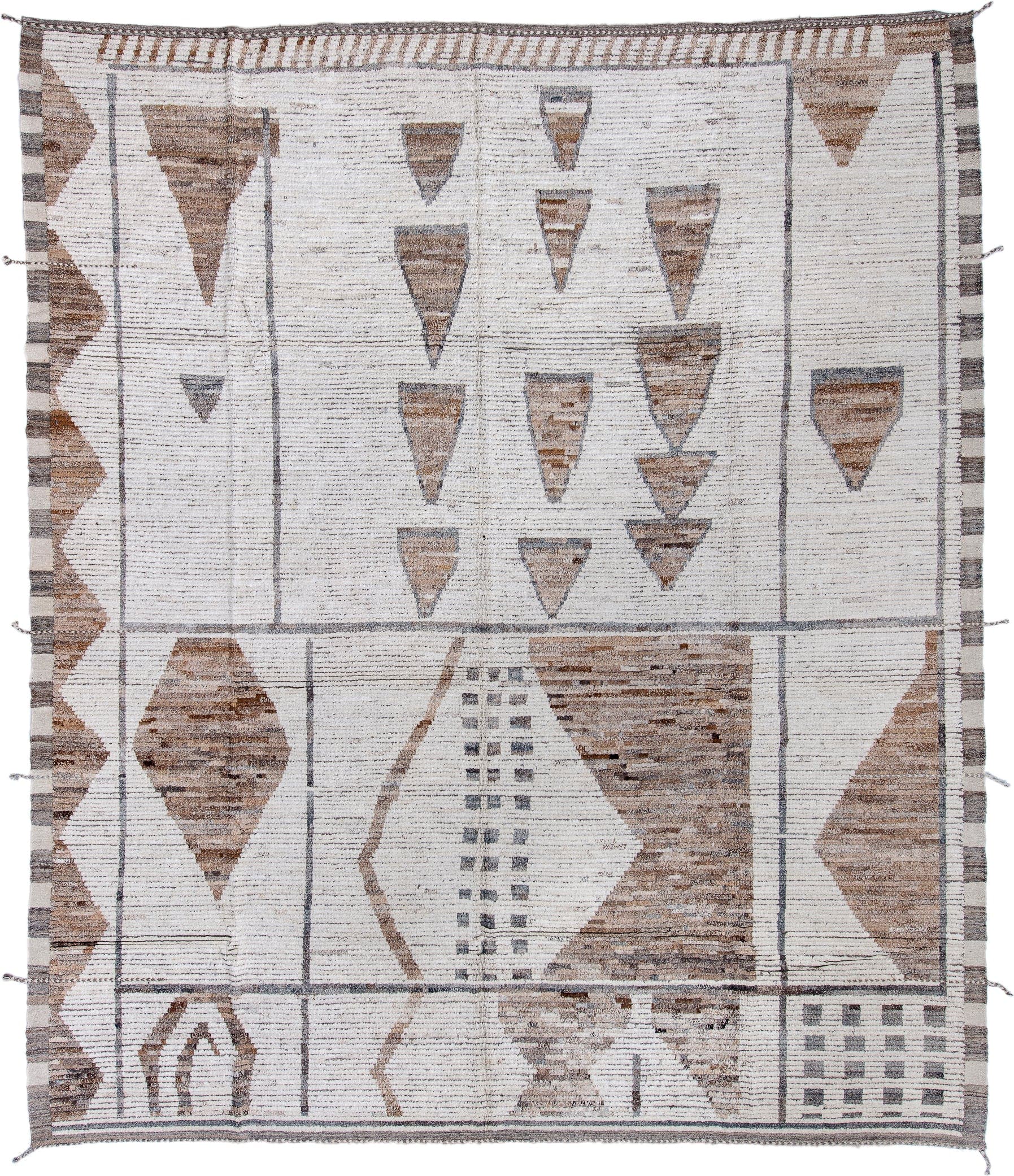 11' x 13' one-of-a-kind handmade vintage Tulu oversize rug. Color palette: ivory, taupe, gray, brown, beige