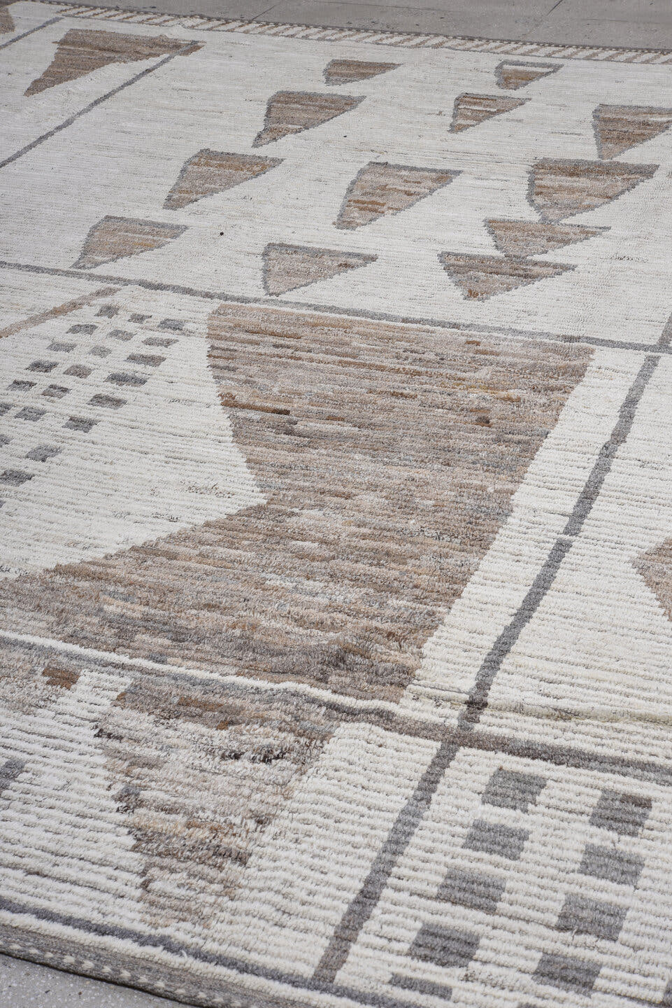 11' x 13' one-of-a-kind handmade vintage Tulu oversize rug. Color palette: ivory, taupe, gray, brown, beige