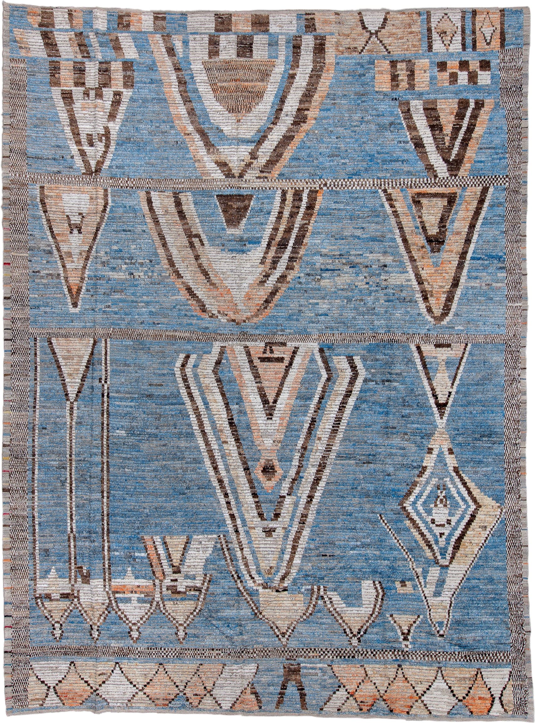 10' x 13' one-of-a-kind handmade vintage Tulu large size rug. Color palette: sky blue, ivory, brown, taupe, peach, charcoal