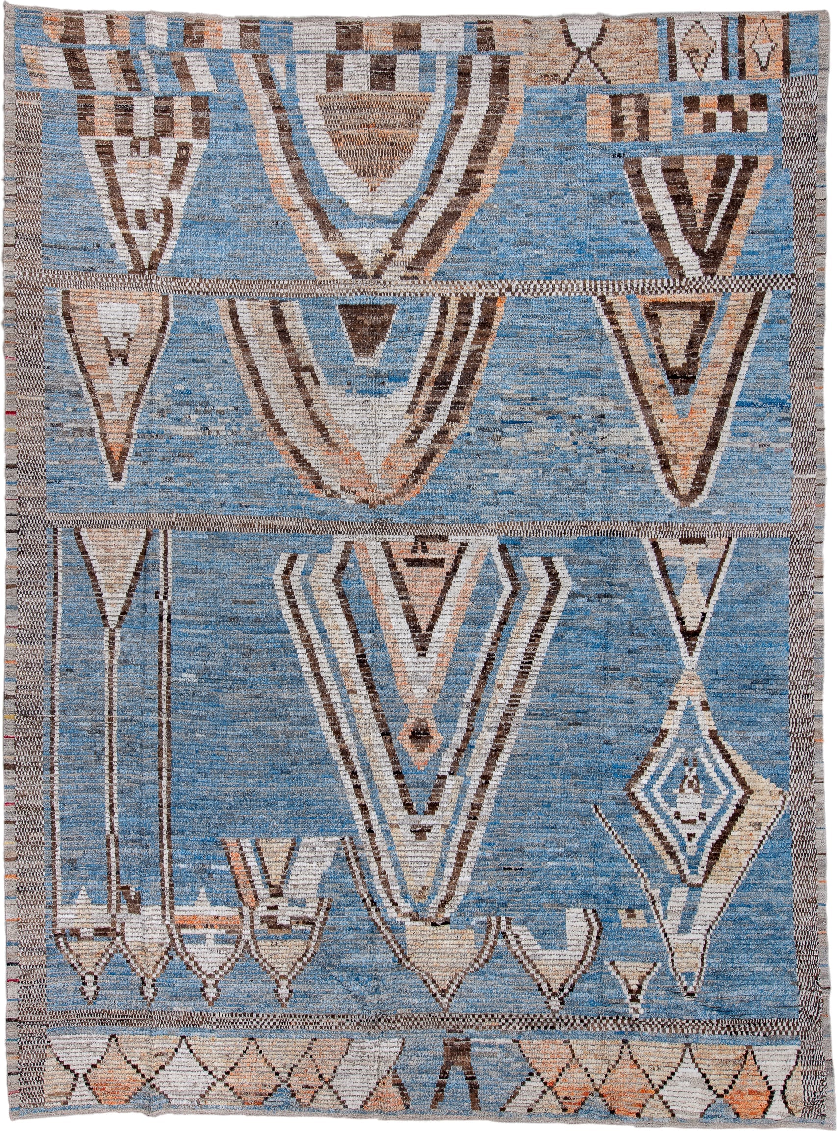 10' x 13' one-of-a-kind handmade vintage Tulu large size rug. Color palette: sky blue, ivory, brown, taupe, peach, charcoal