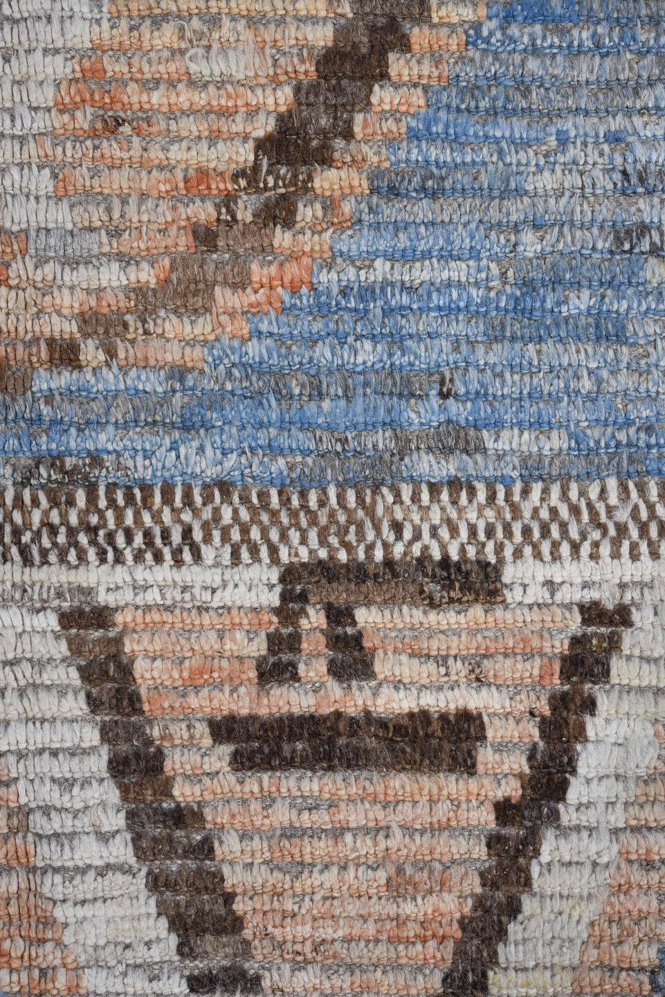 10' x 13' one-of-a-kind handmade vintage Tulu large size rug. Color palette: sky blue, ivory, brown, taupe, peach, charcoal