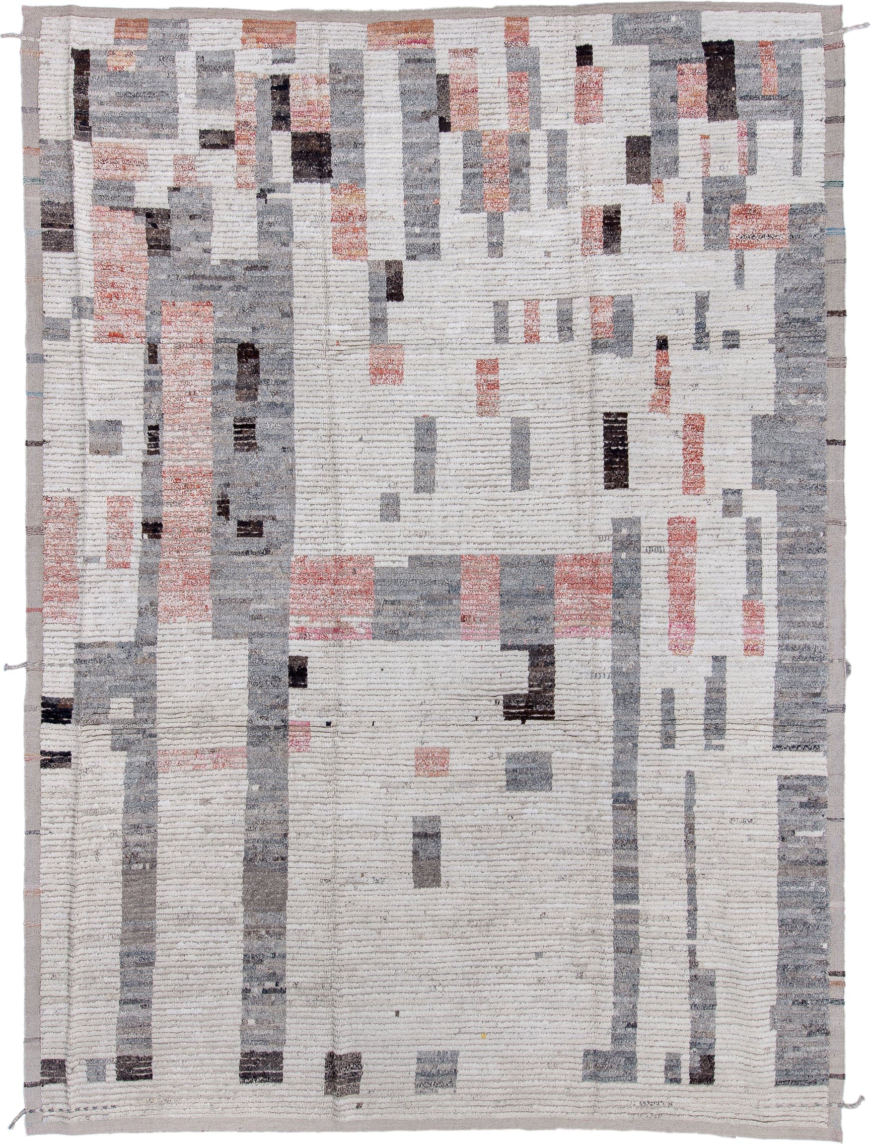 8' x 12' one-of-a-kind handmade vintage Tulu large size rug. Color palette: ivory, gray, charcoal, blush, taupe, black, pink