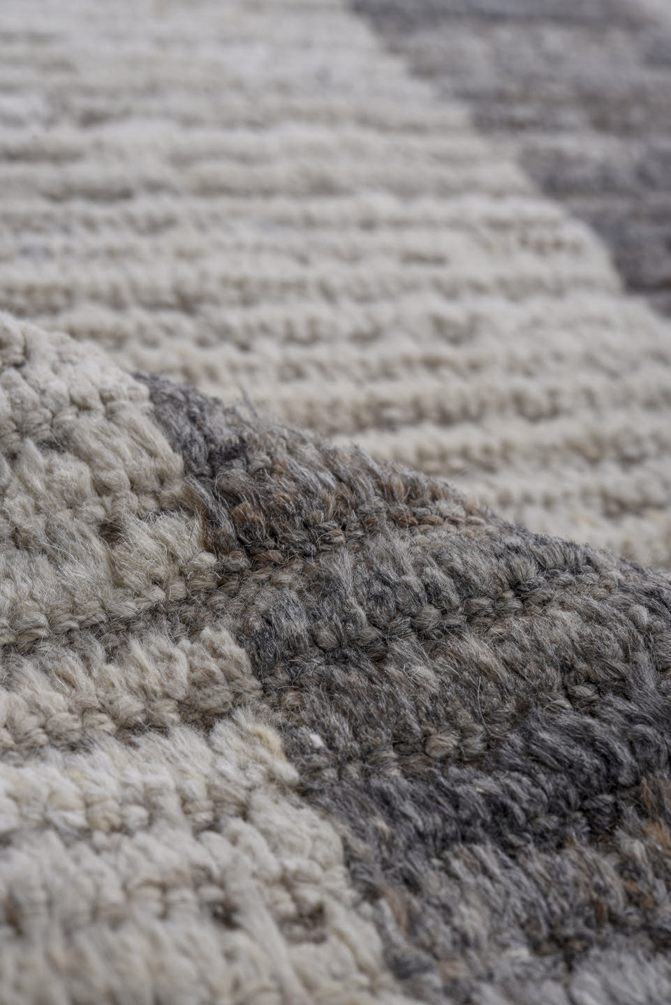 8' x 12' one-of-a-kind handmade vintage Tulu large size rug. Color palette: ivory, gray, charcoal, blush, taupe, black, pink
