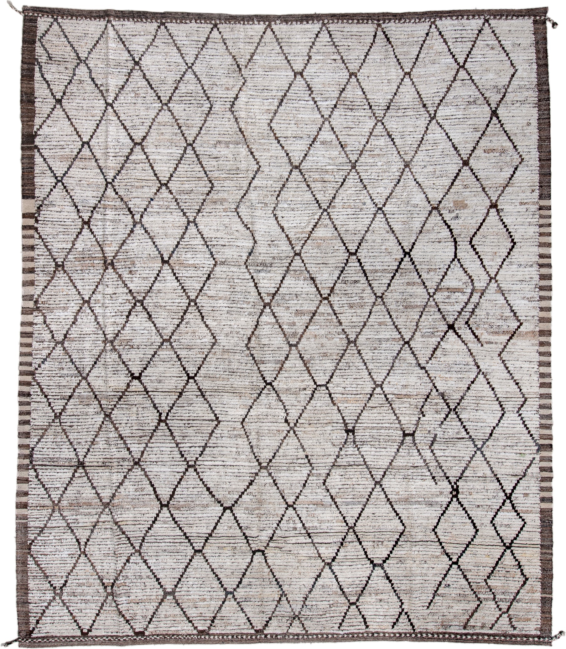 10' x 12' one-of-a-kind handmade vintage Tulu large size rug. Color palette: ivory, brown, taupe, charcoal, beige, gray