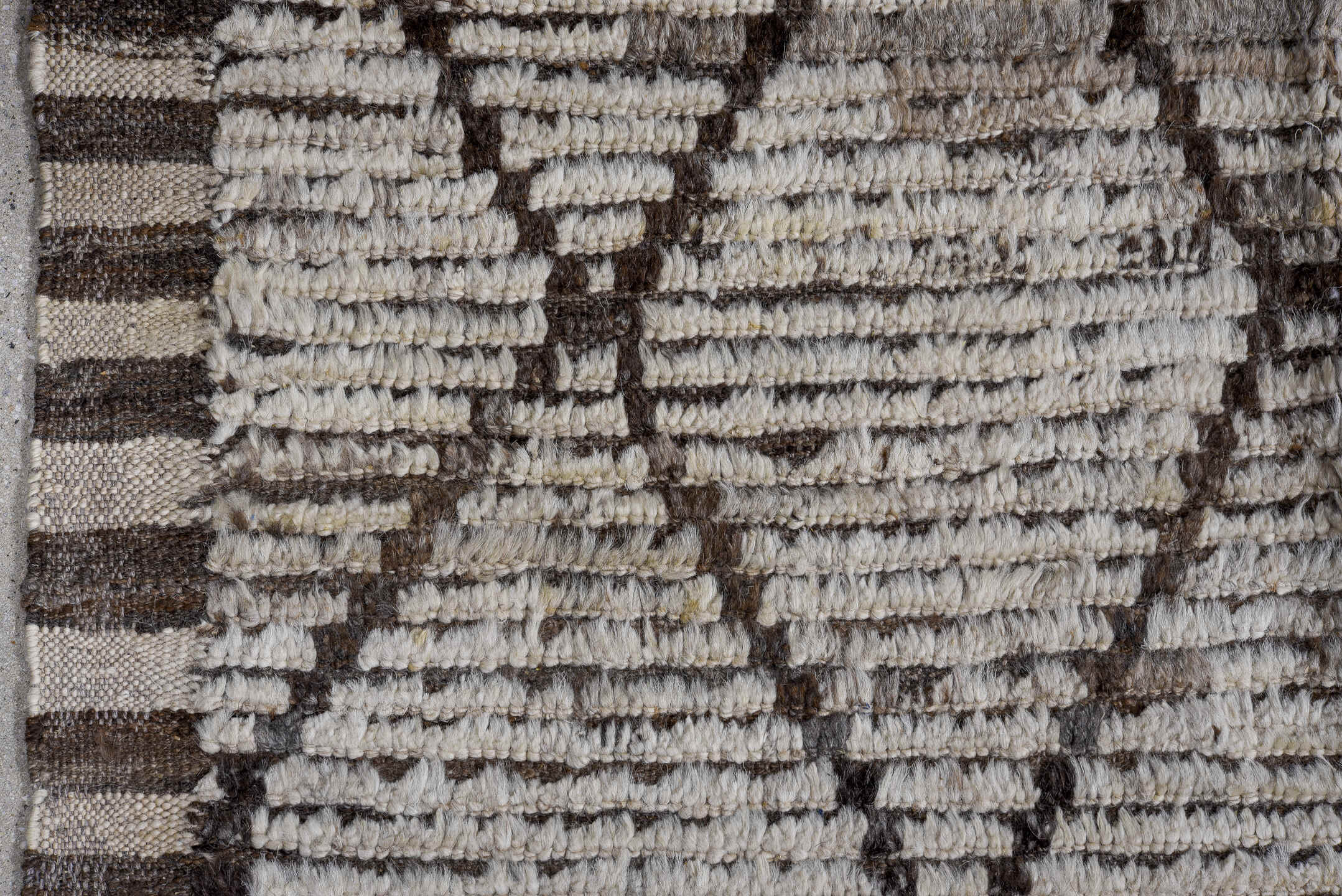 10' x 12' one-of-a-kind handmade vintage Tulu large size rug. Color palette: ivory, brown, taupe, charcoal, beige, gray