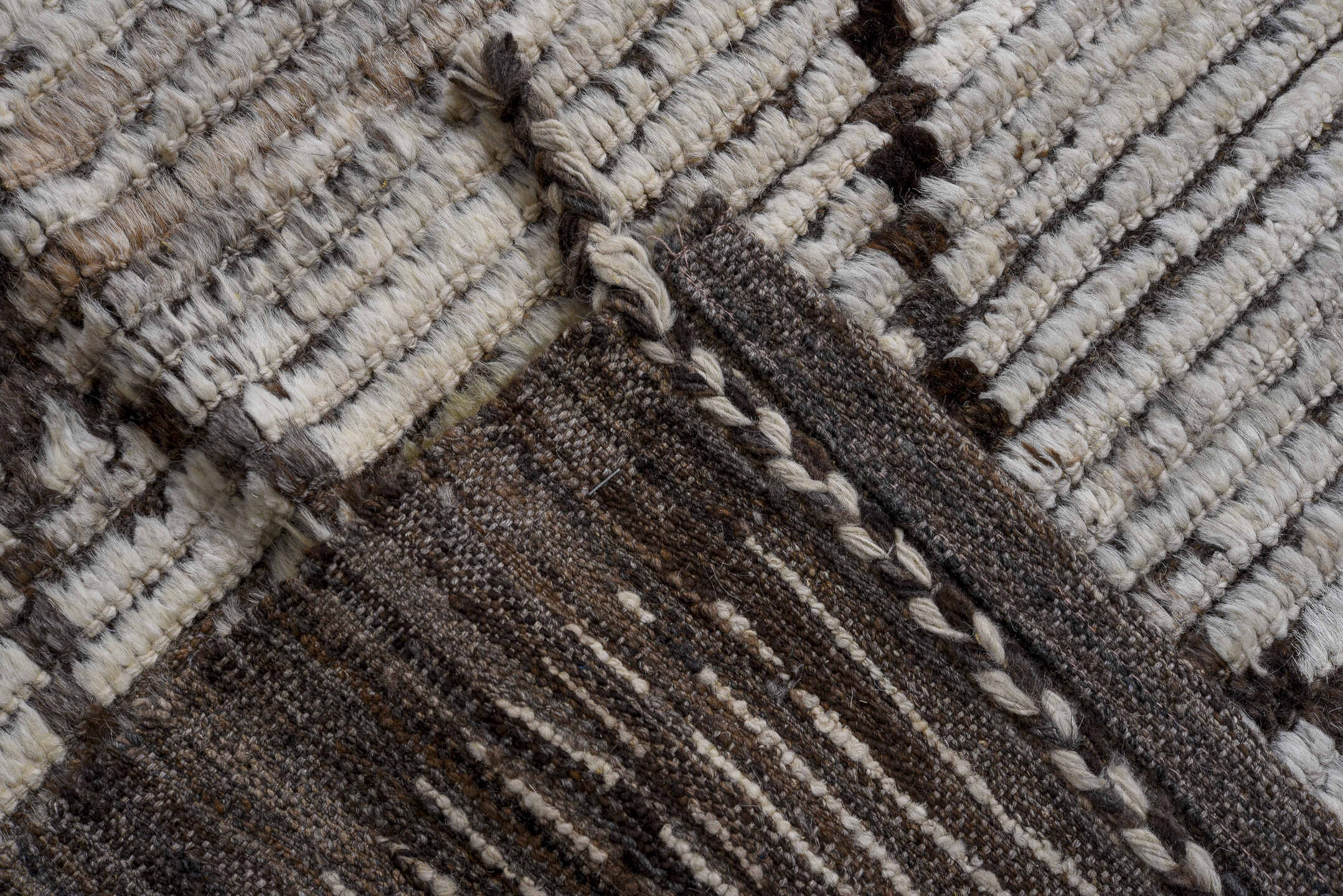 10' x 12' one-of-a-kind handmade vintage Tulu large size rug. Color palette: ivory, brown, taupe, charcoal, beige, gray