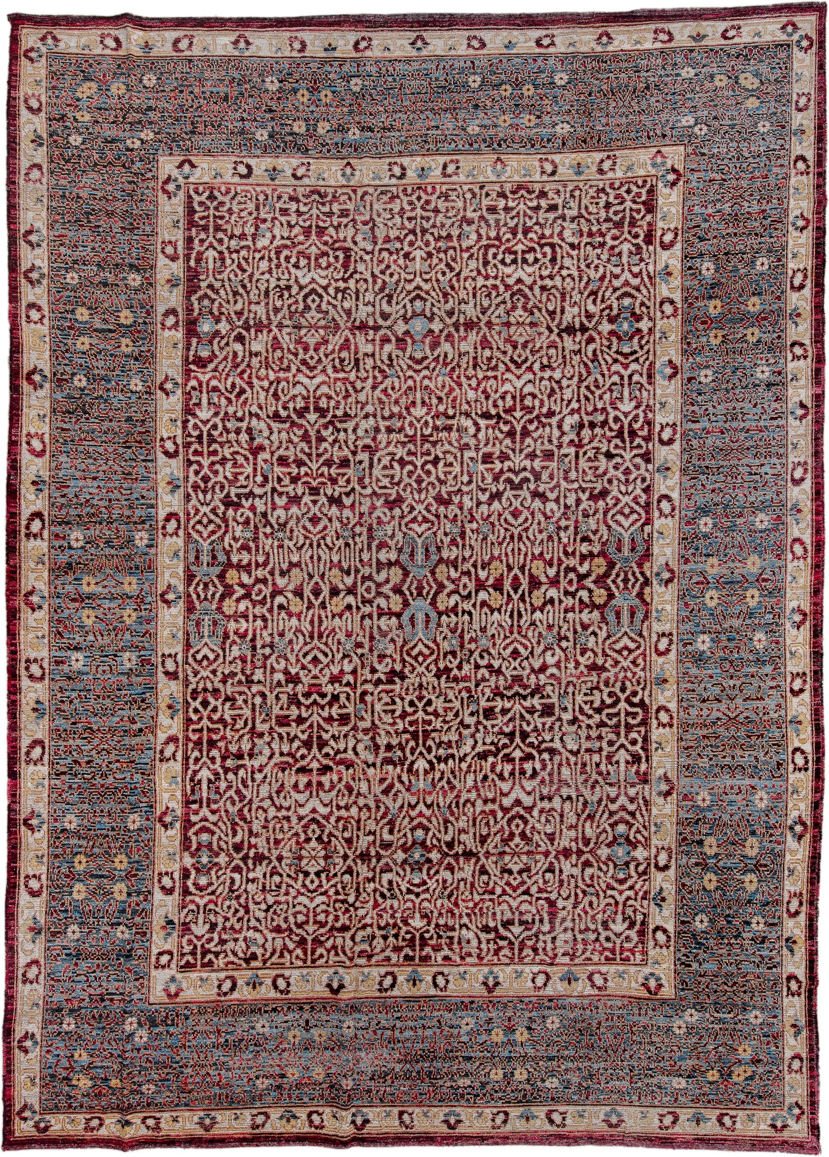 10' x 14' one-of-a-kind handmade vintage Khotan large size rug. Color palette: burgundy, ivory, slate, blue, rose, charcoal