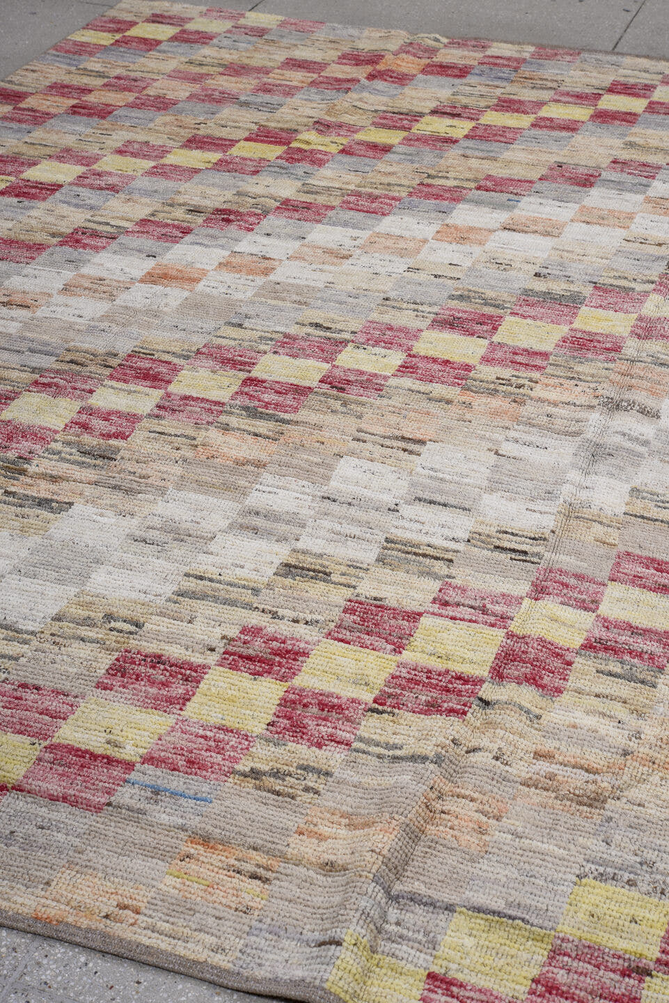 7' x 9' one-of-a-kind handmade vintage Tulu large size rug. Color palette: ivory, beige, rose, light gray, pale yellow