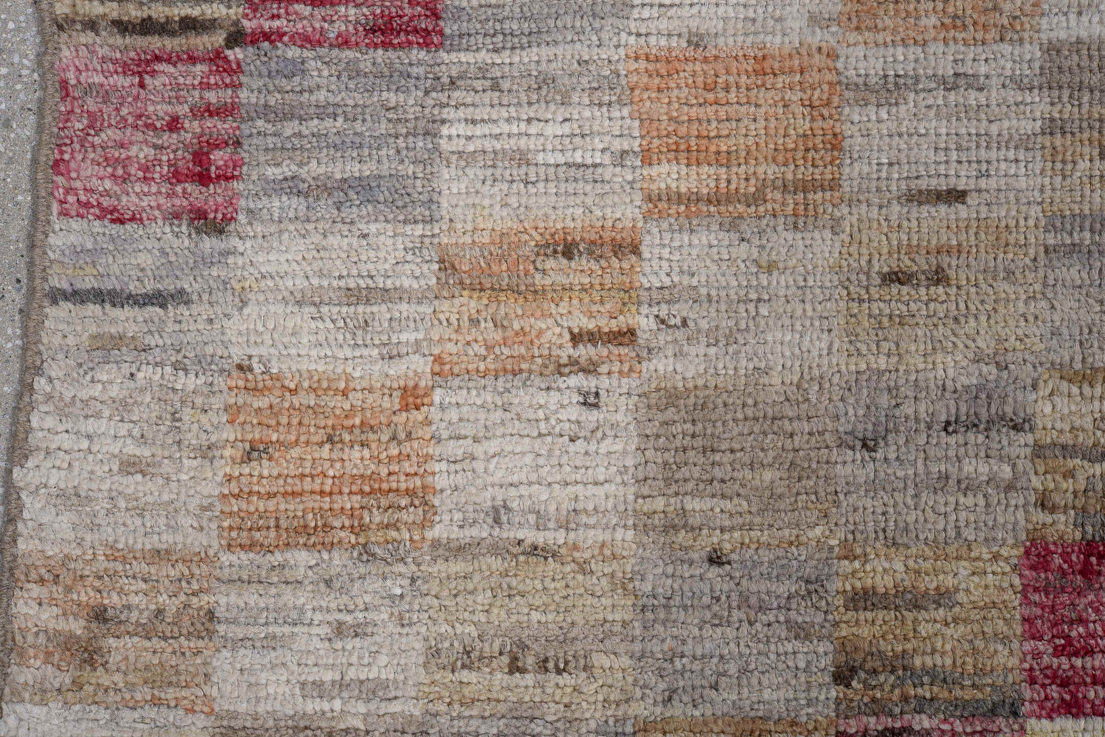 7' x 9' one-of-a-kind handmade vintage Tulu large size rug. Color palette: ivory, beige, rose, light gray, pale yellow