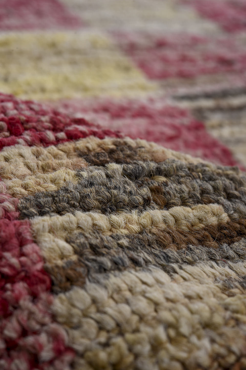7' x 9' one-of-a-kind handmade vintage Tulu large size rug. Color palette: ivory, beige, rose, light gray, pale yellow