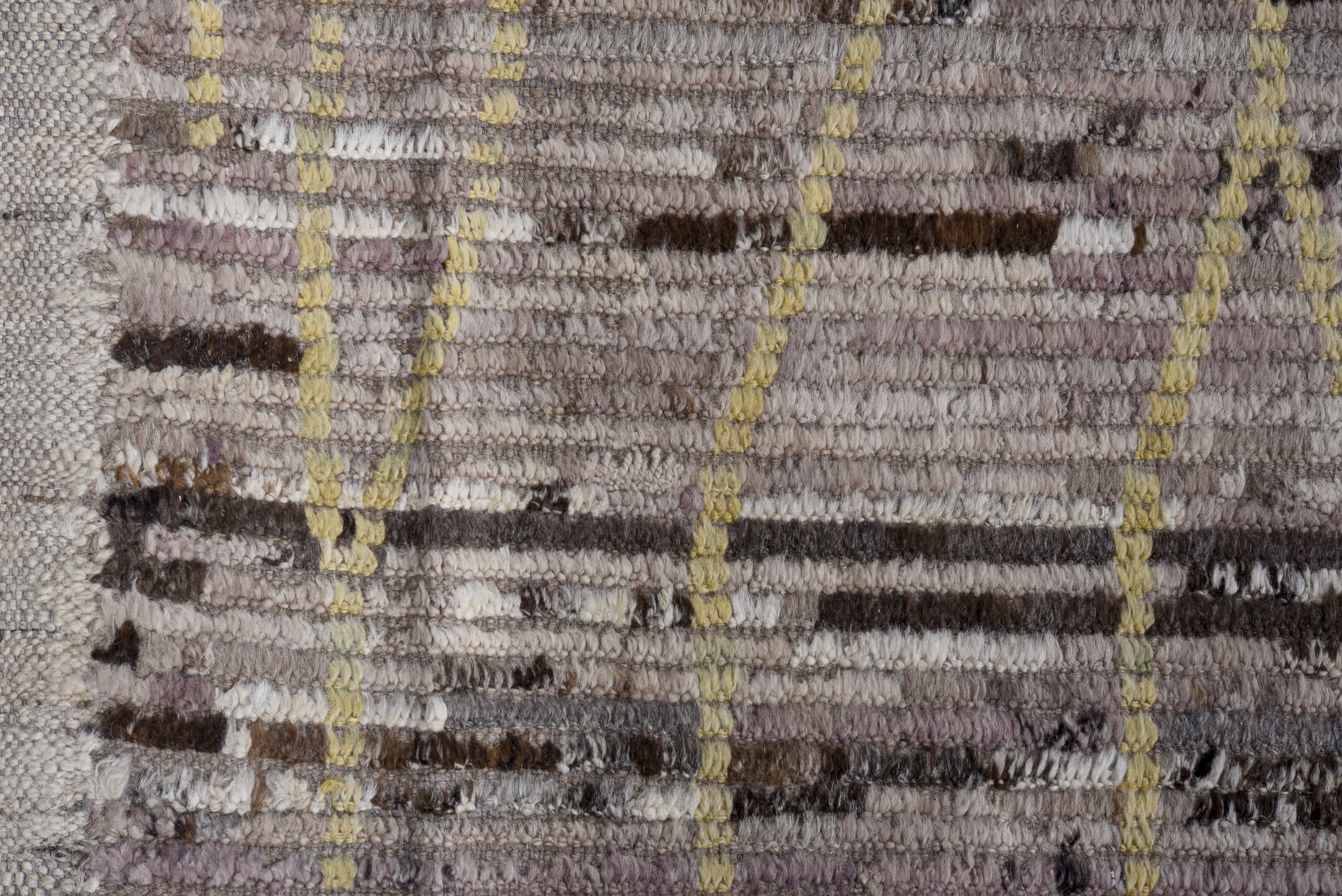 8' x 11' one-of-a-kind handmade vintage Tulu large size rug. Color palette: taupe, ivory, charcoal, cream, pale gold, greige