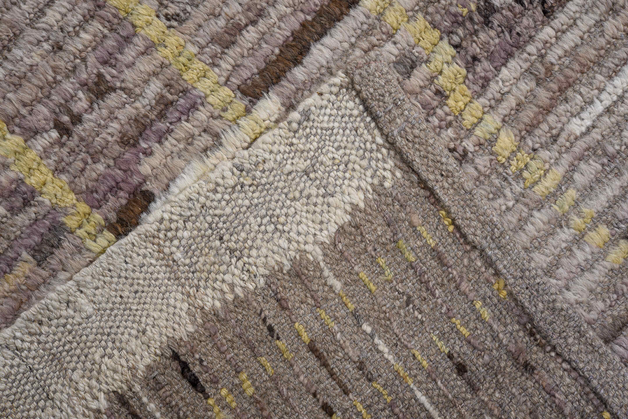 8' x 11' one-of-a-kind handmade vintage Tulu large size rug. Color palette: taupe, ivory, charcoal, cream, pale gold, greige