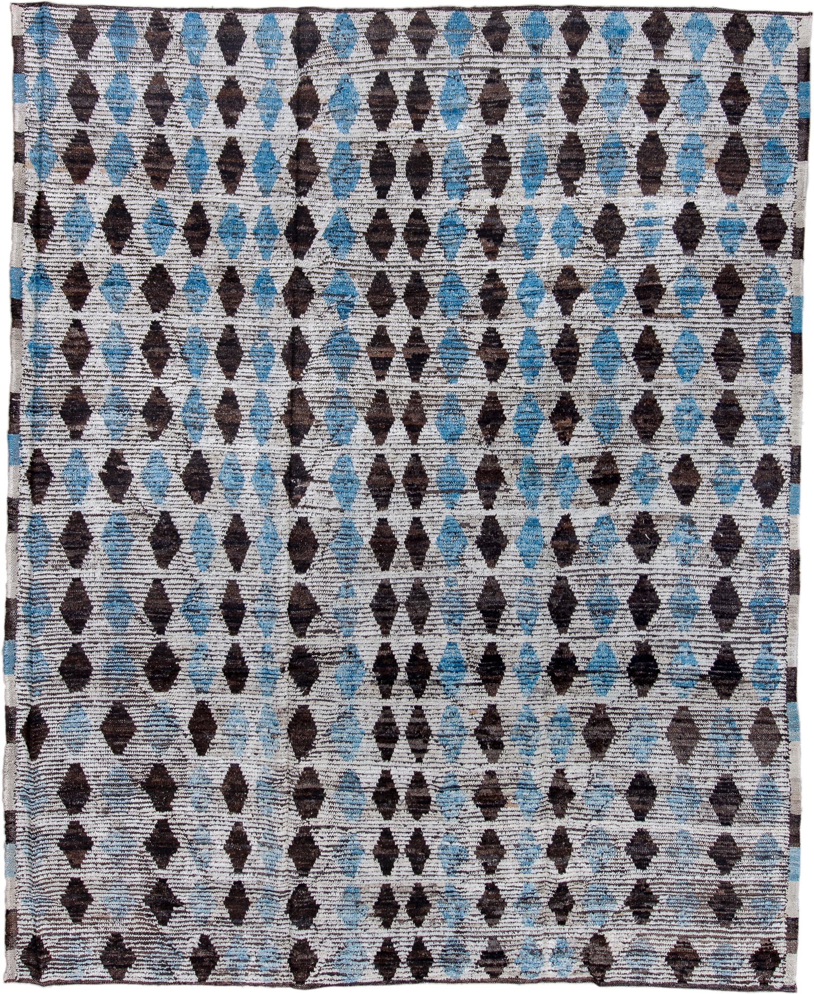 8' x 10' one-of-a-kind handmade vintage Tulu large size rug. Color palette: ivory, charcoal, sky blue, slate, gray, black