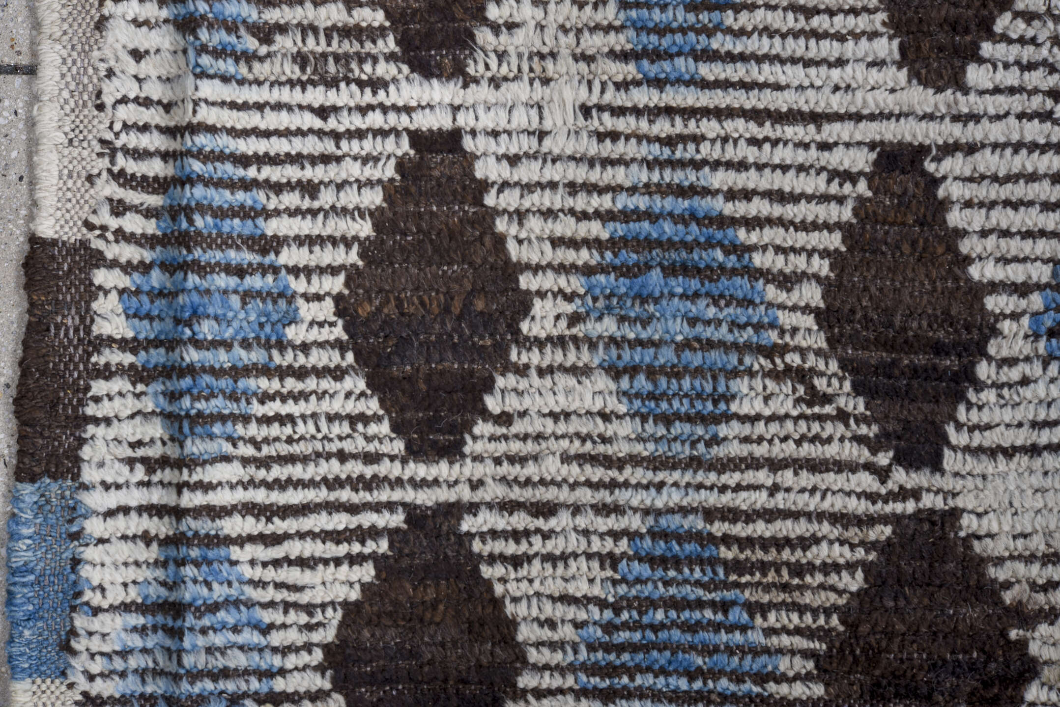 8' x 10' one-of-a-kind handmade vintage Tulu large size rug. Color palette: ivory, charcoal, sky blue, slate, gray, black