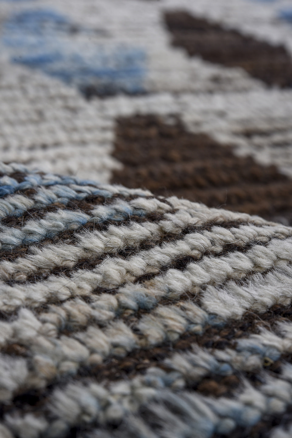 8' x 10' one-of-a-kind handmade vintage Tulu large size rug. Color palette: ivory, charcoal, sky blue, slate, gray, black