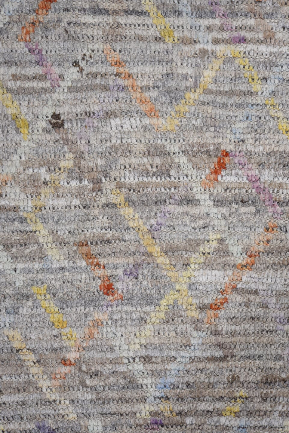 8' x 9' one-of-a-kind handmade vintage Tulu large size rug. Color palette: gray, ivory, taupe, lavender, saffron, rust