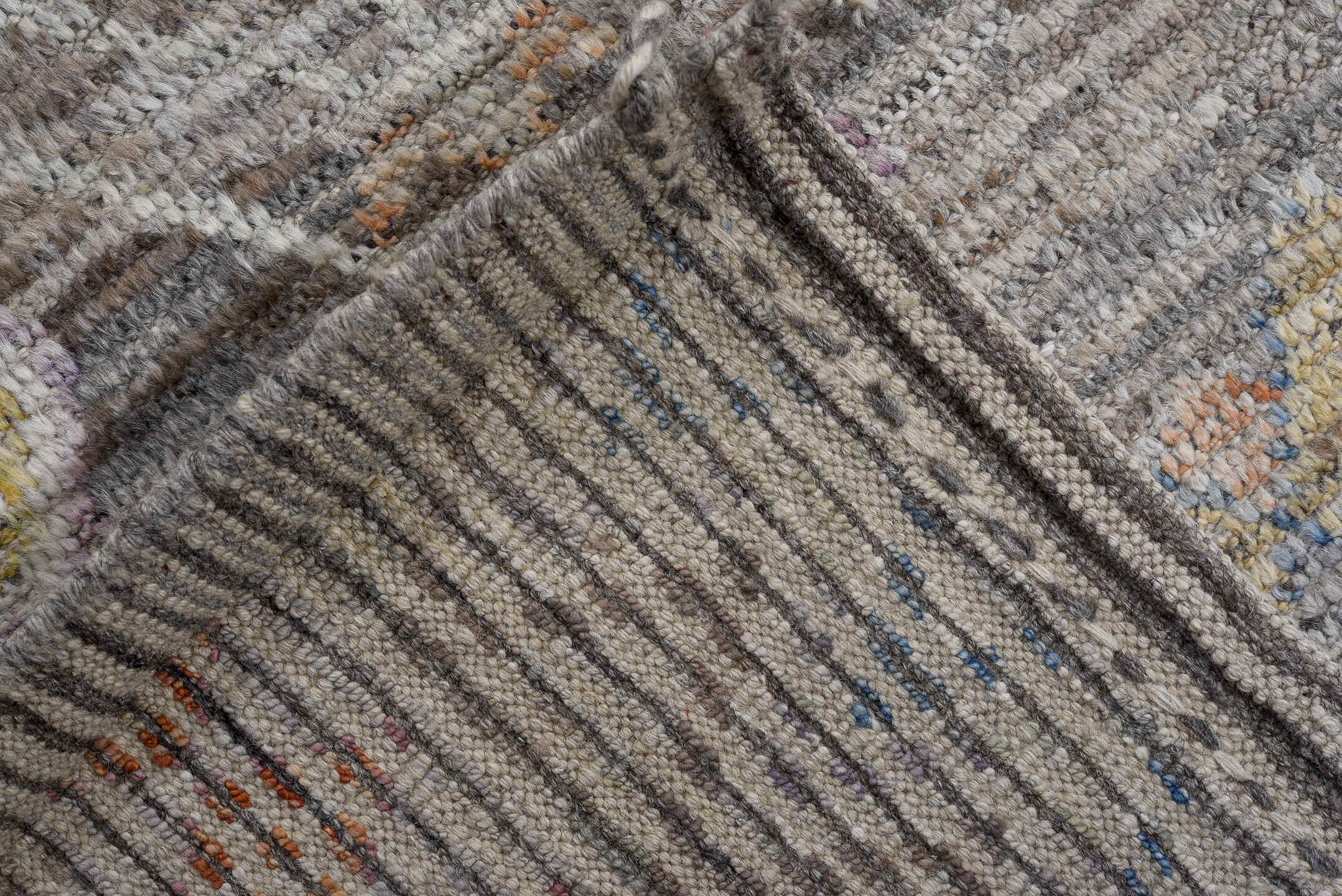 8' x 9' one-of-a-kind handmade vintage Tulu large size rug. Color palette: gray, ivory, taupe, lavender, saffron, rust