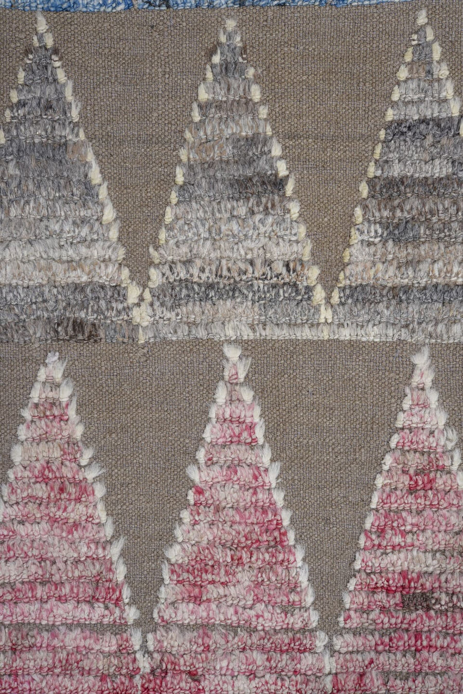 8' x 9' one-of-a-kind handmade vintage Tulu large size rug. Color palette: taupe, ivory, sky blue, rose, gray, beige