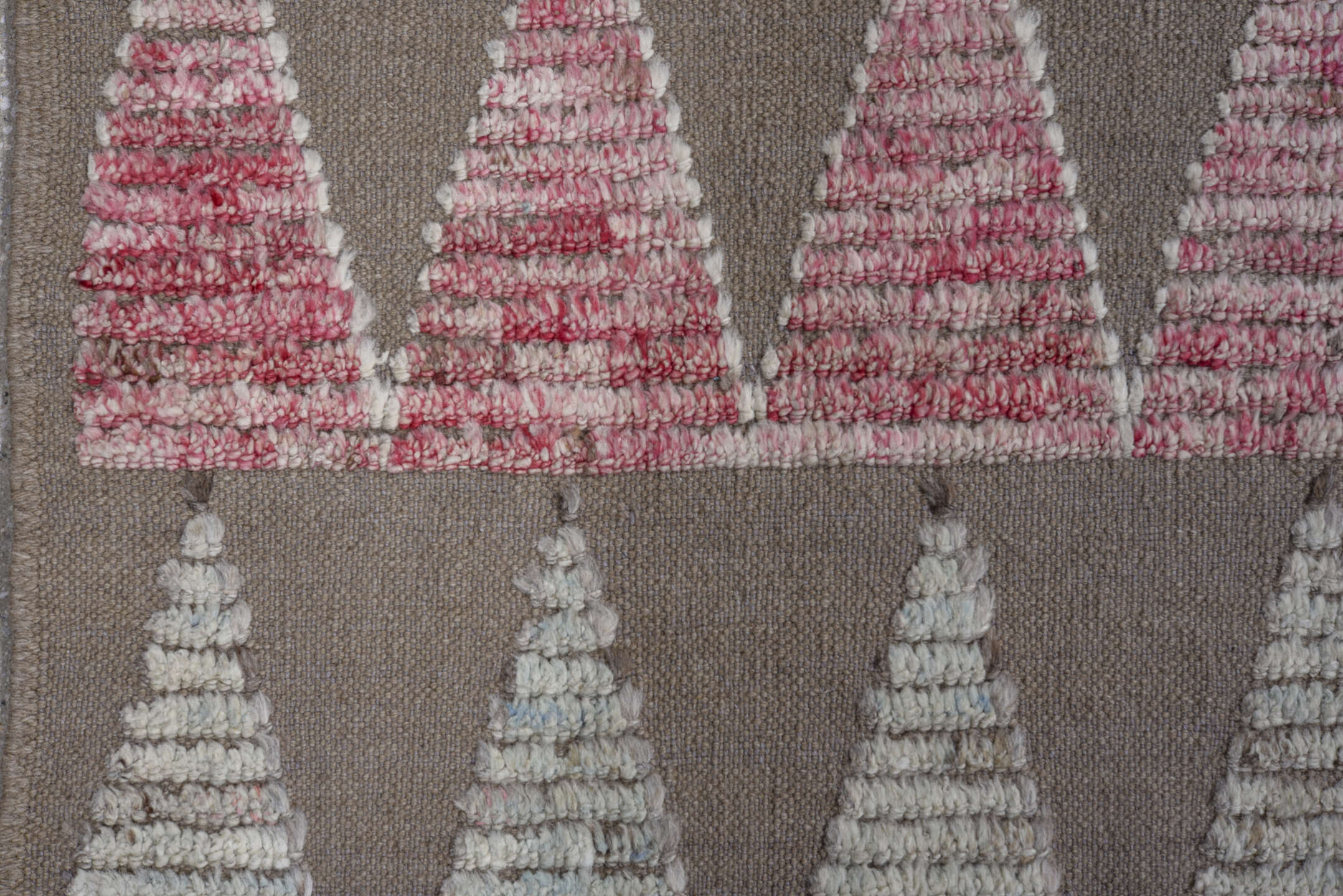 8' x 9' one-of-a-kind handmade vintage Tulu large size rug. Color palette: taupe, ivory, sky blue, rose, gray, beige
