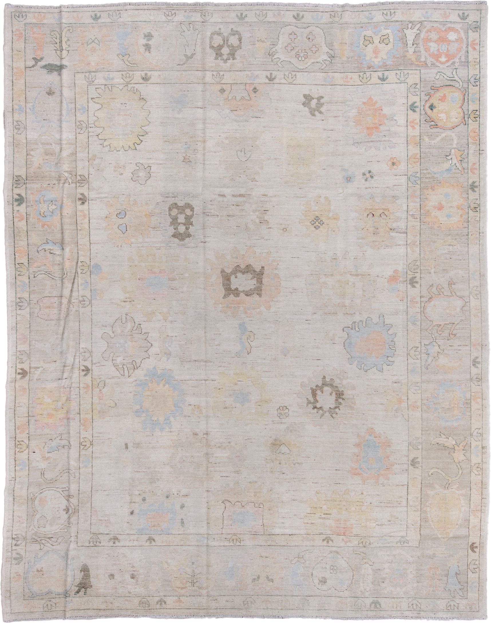 9' x 12' one-of-a-kind handmade vintage Oushak large size rug. Color palette: ivory, pale blue, taupe, peach, soft gold
