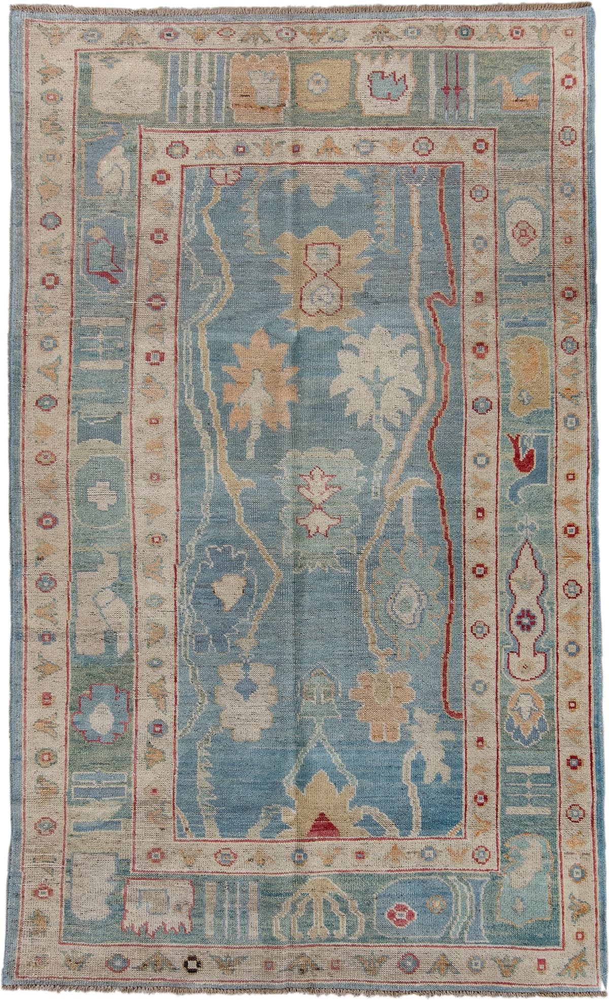 4' x 8' one-of-a-kind handmade vintage Oushak rug. Color palette: sky blue, ivory, beige, rust, sage, gold, slate