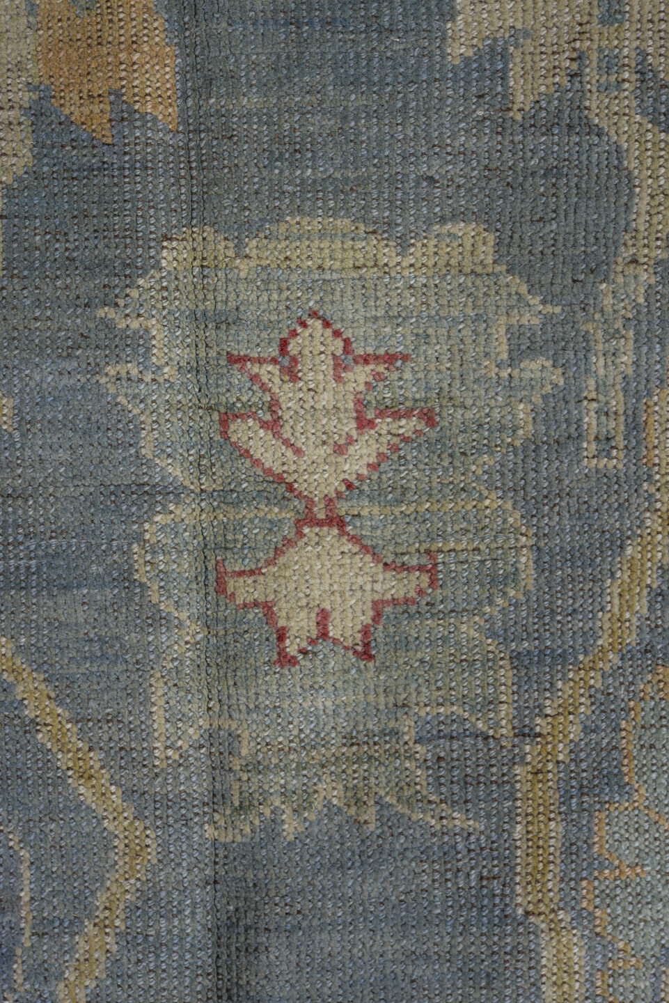 4' x 8' one-of-a-kind handmade vintage Oushak rug. Color palette: sky blue, ivory, beige, rust, sage, gold, slate