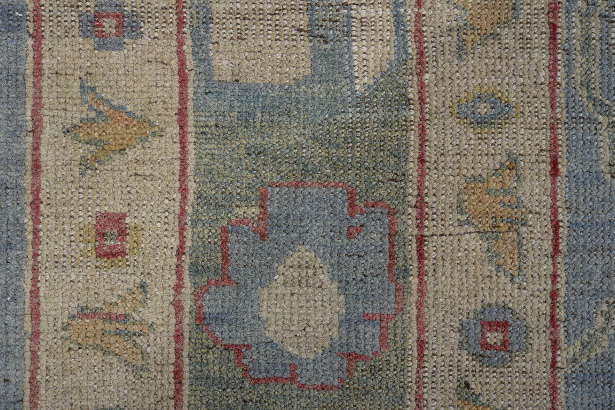 4' x 8' one-of-a-kind handmade vintage Oushak rug. Color palette: sky blue, ivory, beige, rust, sage, gold, slate