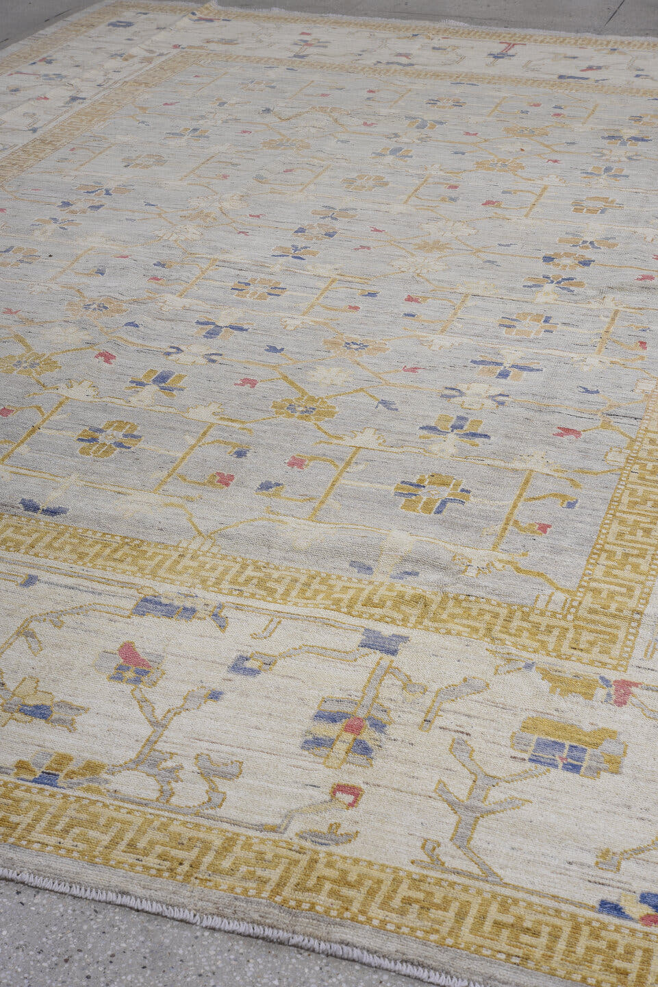 10' x 14' one-of-a-kind handmade vintage Oushak large size rug. Color palette: ivory, gold, beige, blue, rose, taupe, pink