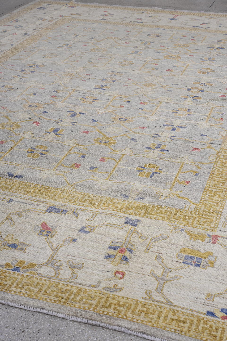 10' x 14' one-of-a-kind handmade vintage Oushak large size rug. Color palette: ivory, gold, beige, blue, rose, taupe, pink