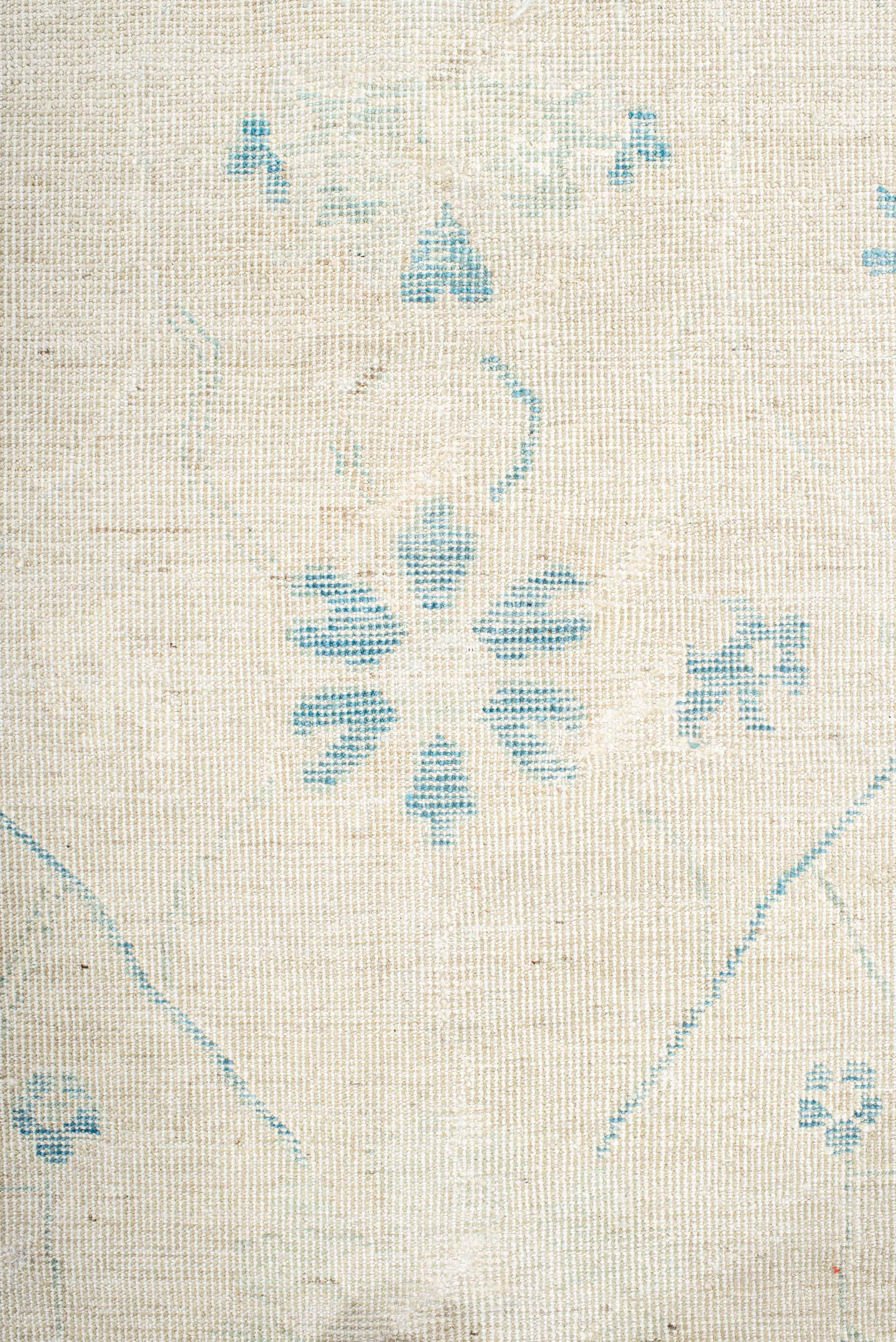 8' x 10' one-of-a-kind handmade vintage Oushak large size rug. Color palette: ivory, pale blue, cream, beige, light blue
