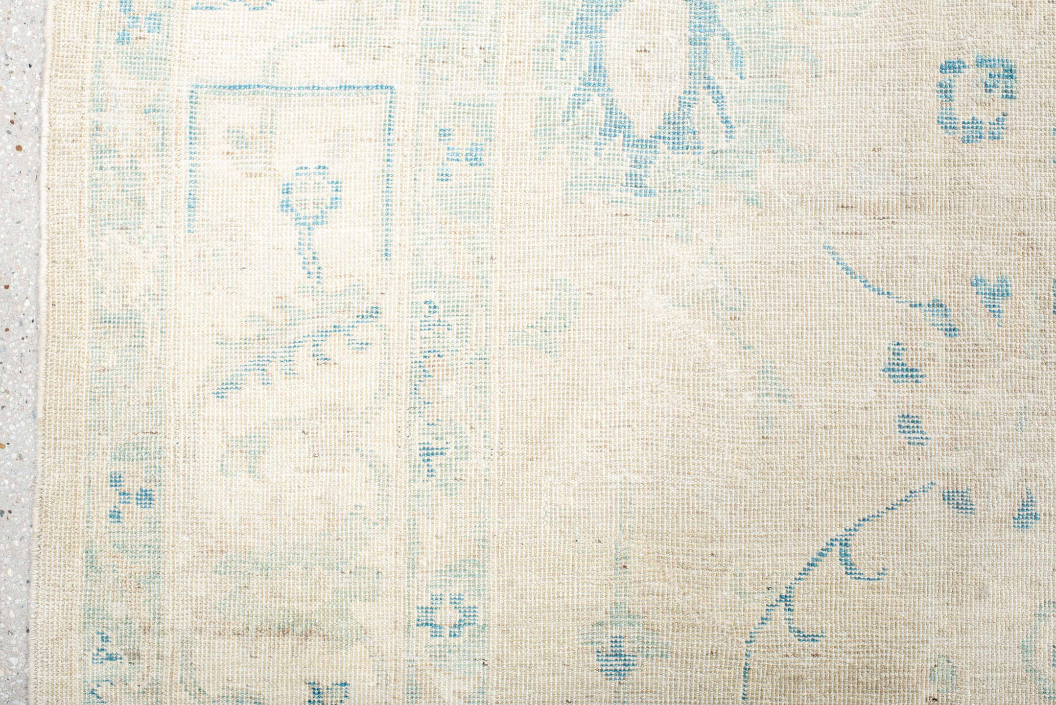 8' x 10' one-of-a-kind handmade vintage Oushak large size rug. Color palette: ivory, pale blue, cream, beige, light blue