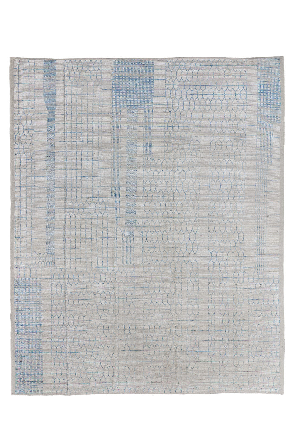 12' x 15' one-of-a-kind handmade vintage Tulu oversize rug. Color palette: black, blue, charcoal, dark gray, gainsboro, gray