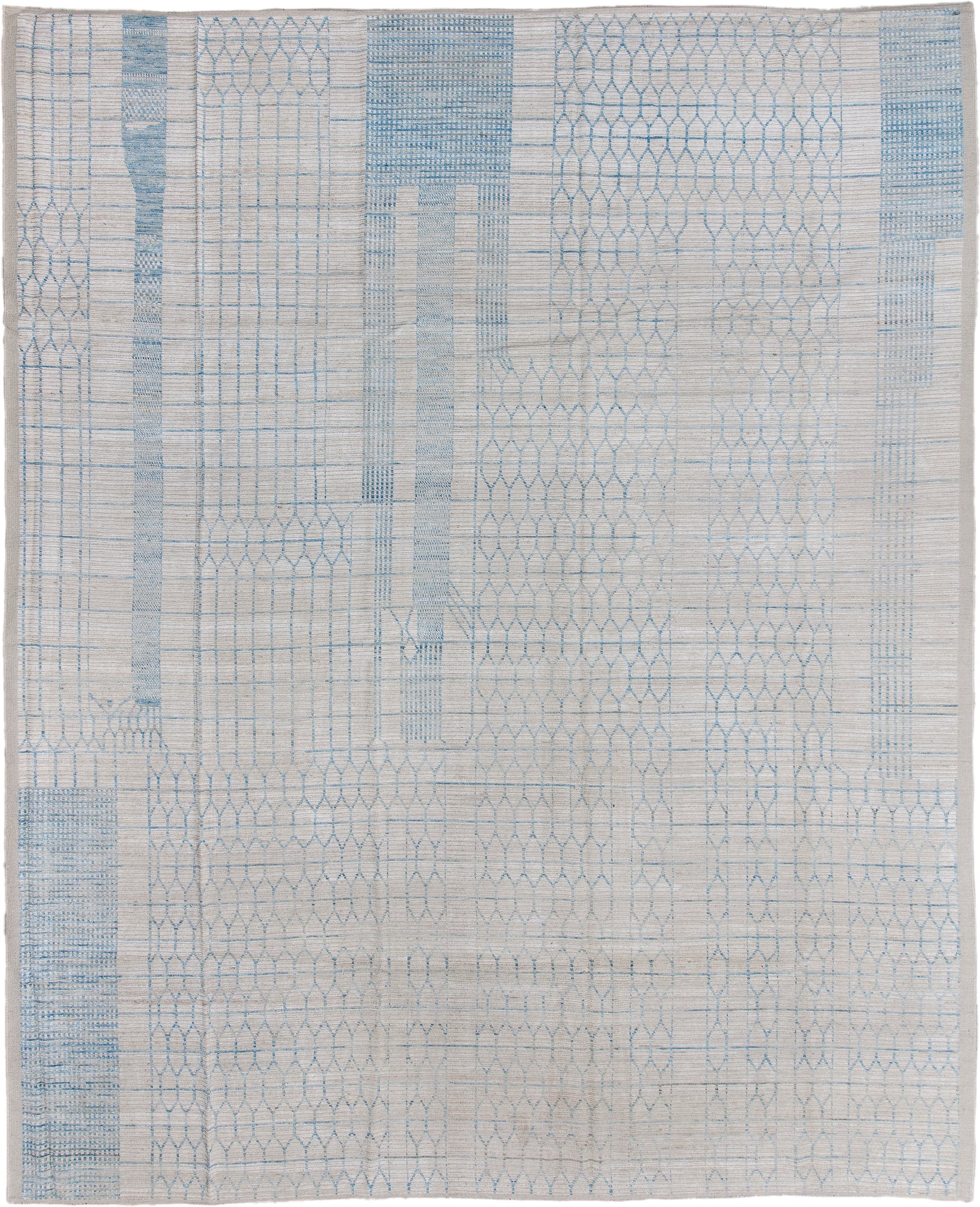 12' x 15' one-of-a-kind handmade vintage Tulu oversize rug. Color palette: ivory, sky_blue, light_gray, light blue