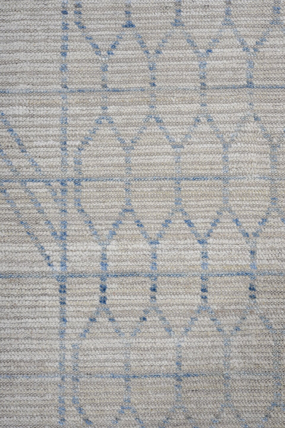 12' x 15' one-of-a-kind handmade vintage Tulu oversize rug. Color palette: ivory, sky_blue, light_gray, light blue