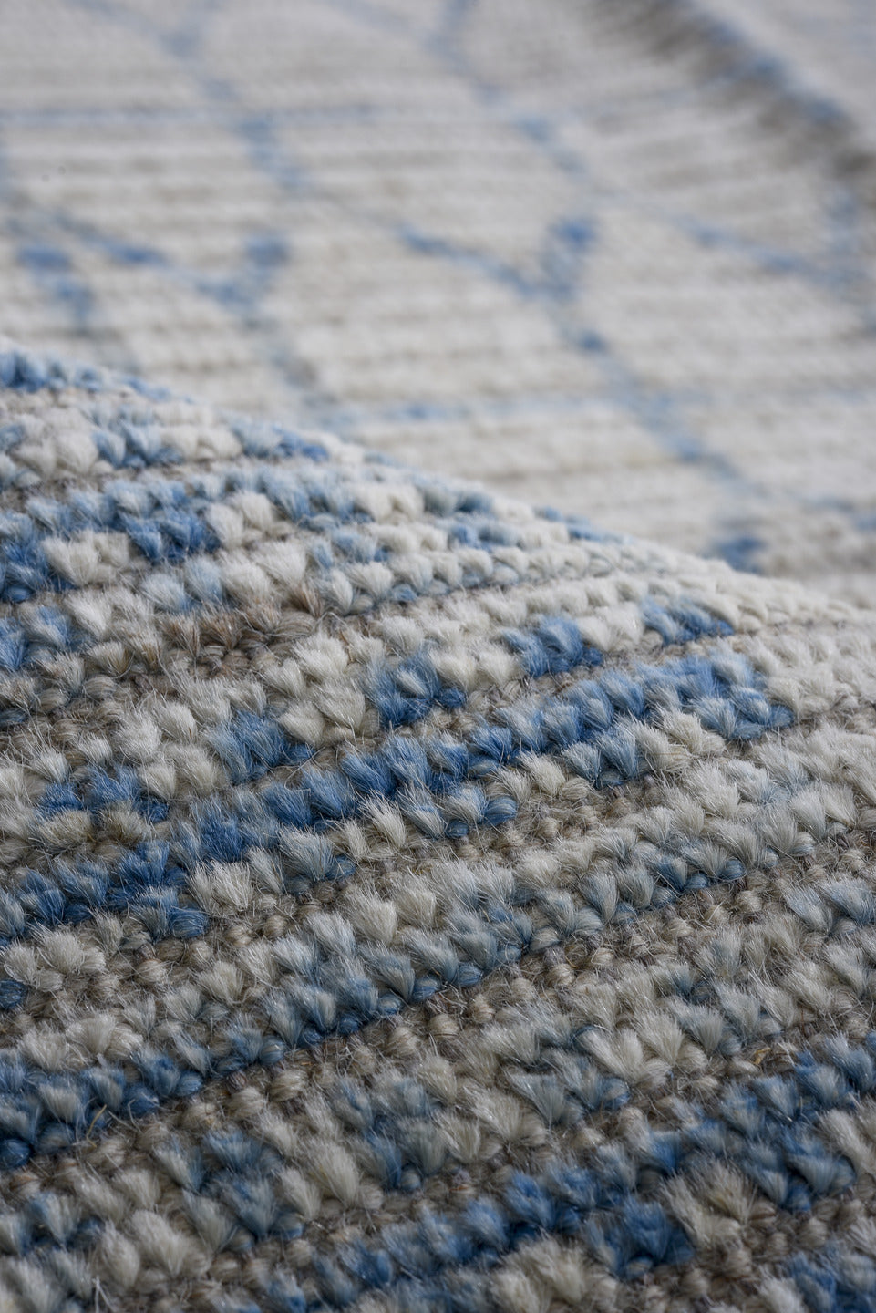 12' x 15' one-of-a-kind handmade vintage Tulu oversize rug. Color palette: ivory, sky_blue, light_gray, light blue