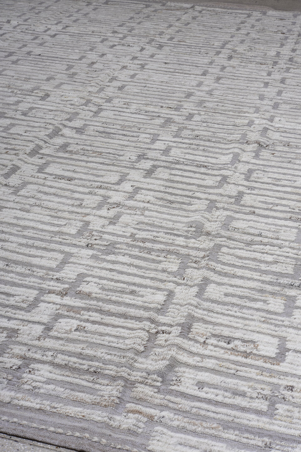 12' x 15' one-of-a-kind handmade vintage Tulu oversize rug. Color palette: ivory, light gray, taupe, greige, beige, gray