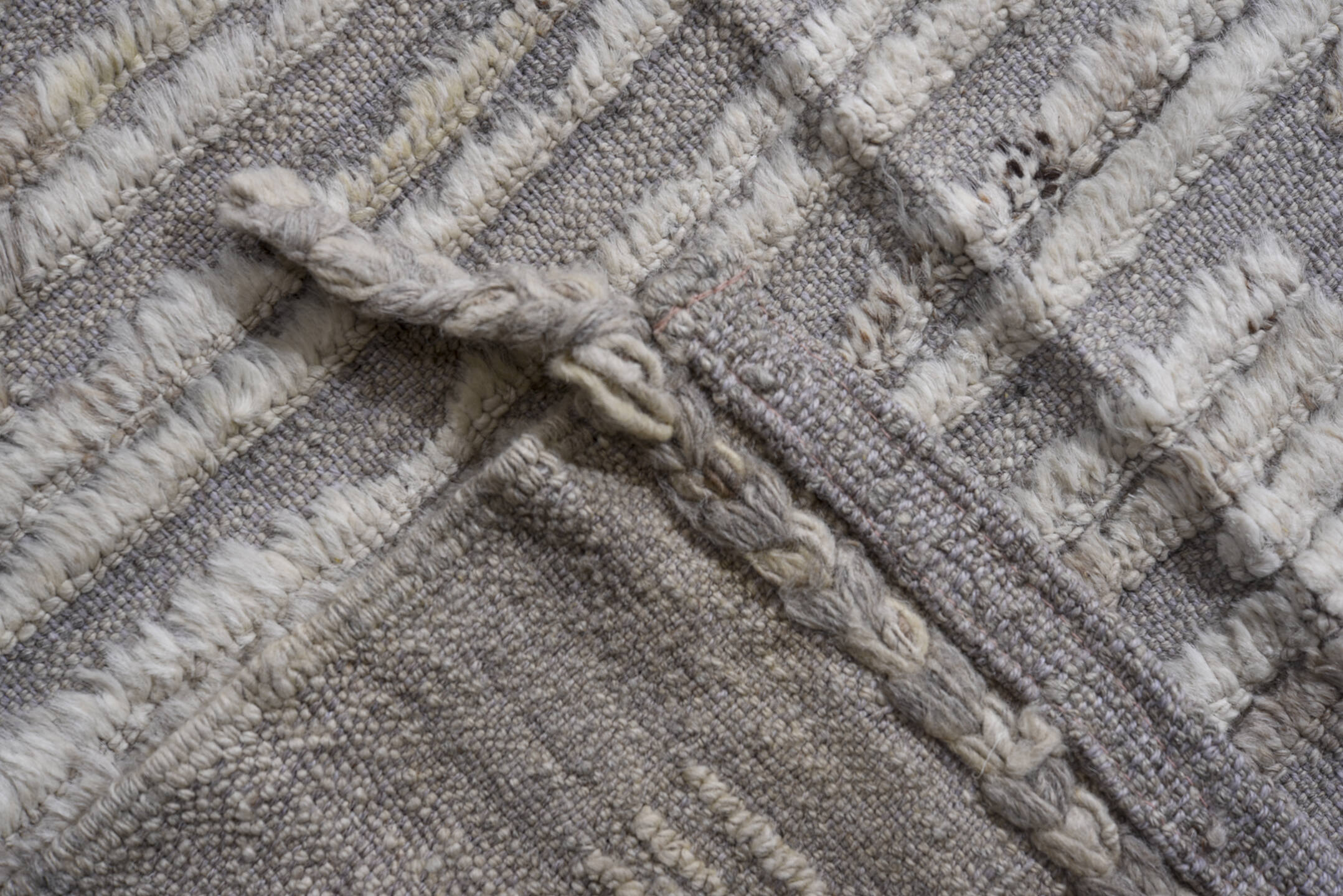 12' x 15' one-of-a-kind handmade vintage Tulu oversize rug. Color palette: ivory, light gray, taupe, greige, beige, gray
