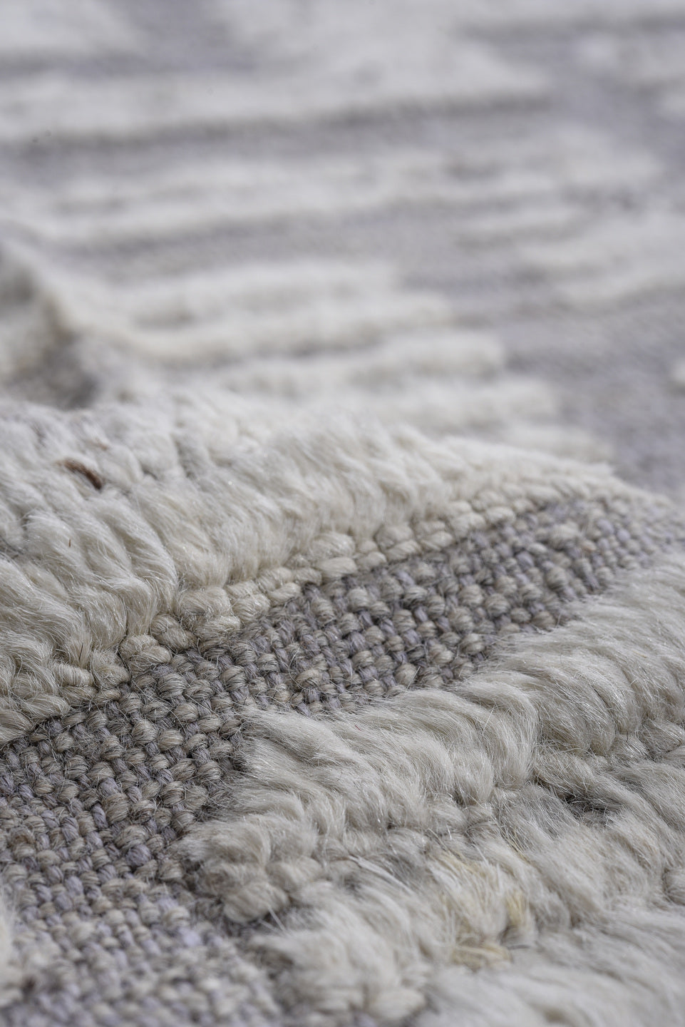 12' x 15' one-of-a-kind handmade vintage Tulu oversize rug. Color palette: ivory, light gray, taupe, greige, beige, gray