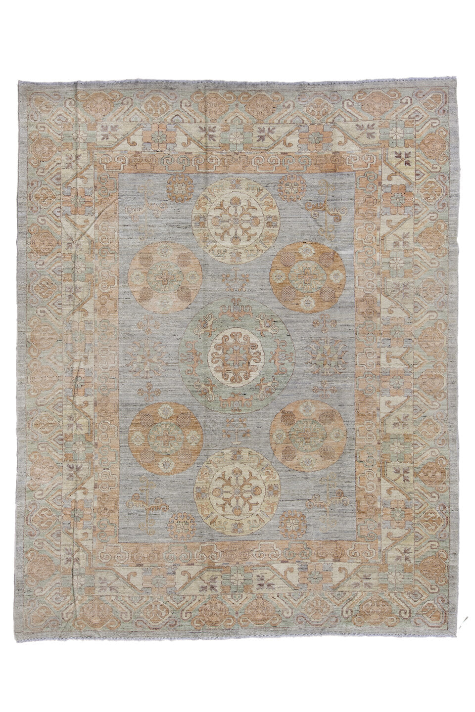 9' x 11' one-of-a-kind handmade vintage Oushak large size rug. Color palette: brown, gainsboro, gray, light gray, off-white