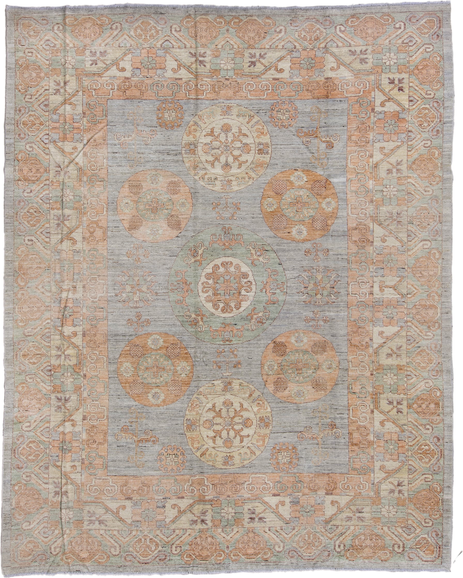 9' x 11' one-of-a-kind handmade vintage Oushak large size rug. Color palette: gray, ivory, beige, taupe, sage, camel, peach