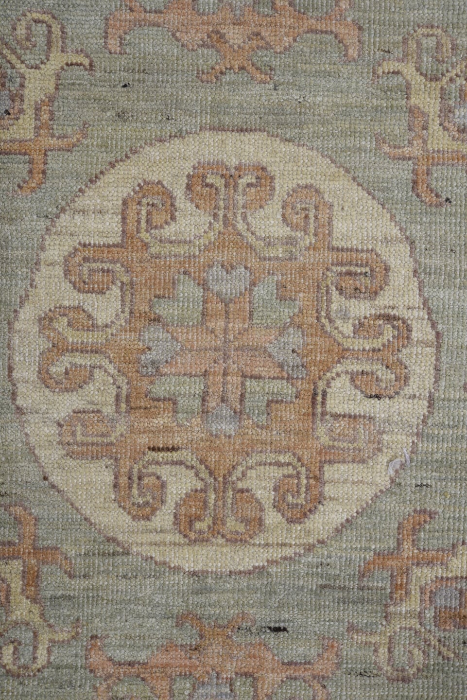 9' x 11' one-of-a-kind handmade vintage Oushak large size rug. Color palette: gray, ivory, beige, taupe, sage, camel, peach