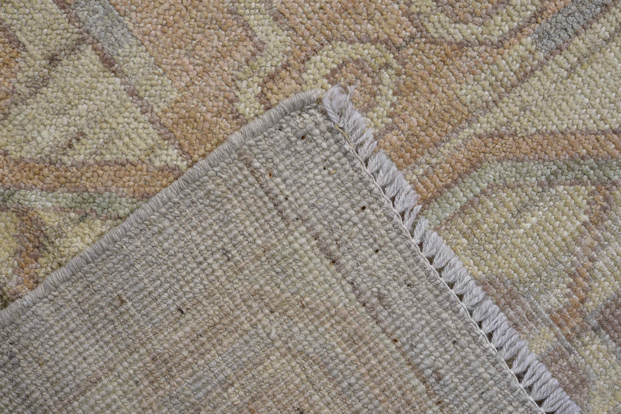 9' x 11' one-of-a-kind handmade vintage Oushak large size rug. Color palette: gray, ivory, beige, taupe, sage, camel, peach