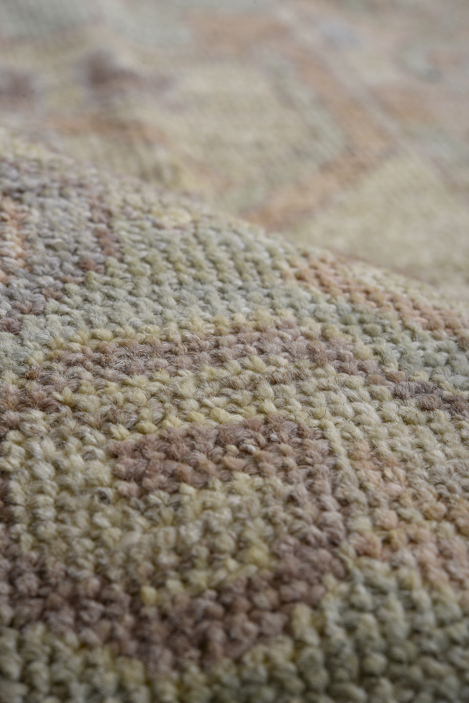 9' x 11' one-of-a-kind handmade vintage Oushak large size rug. Color palette: gray, ivory, beige, taupe, sage, camel, peach
