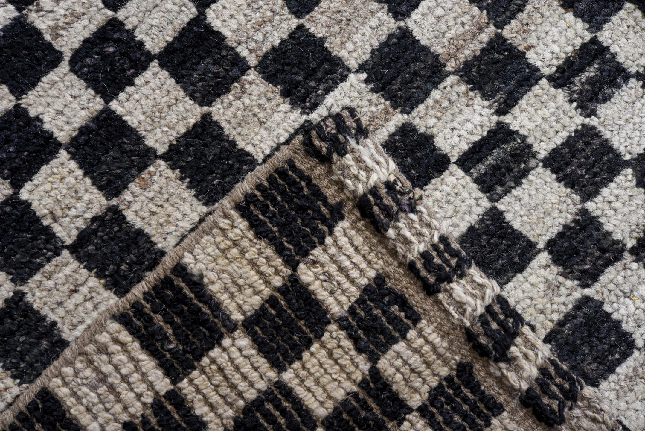 13' x 16' one-of-a-kind handmade vintage Tulu oversize rug. Color palette: ivory, black, charcoal, gray