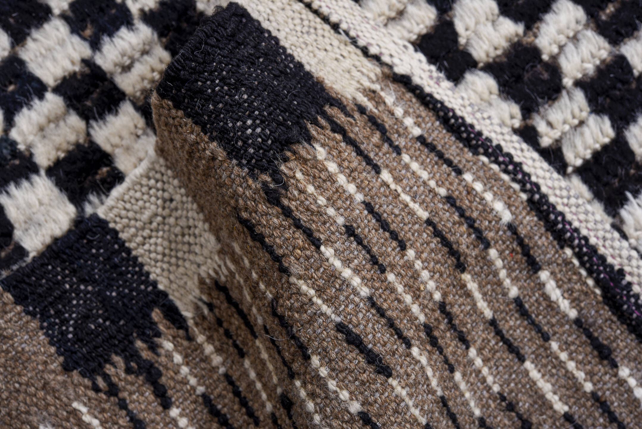 9' x 12' one-of-a-kind handmade vintage Tulu large size rug. Color palette: ivory, black, taupe, beige, gray
