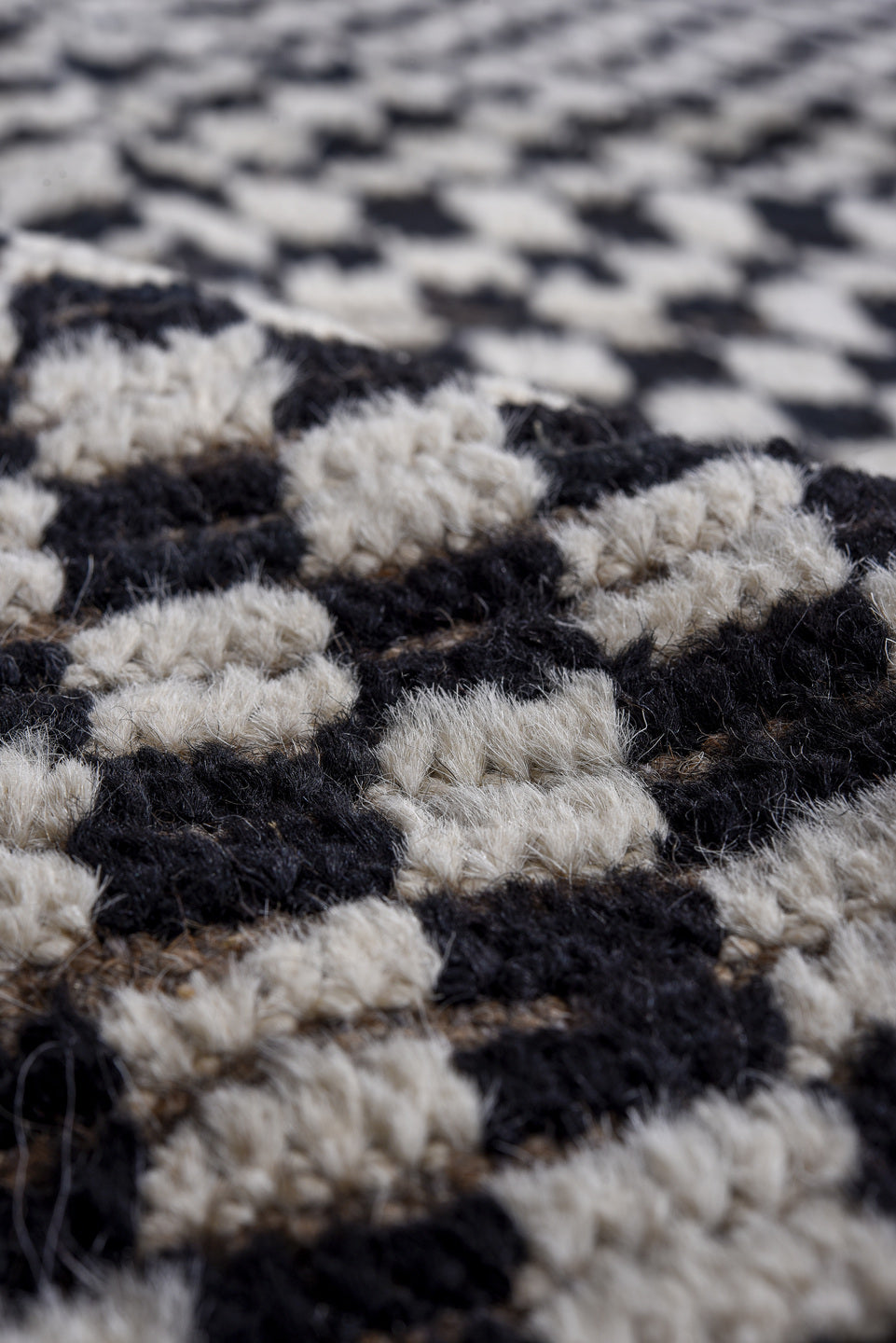 9' x 12' one-of-a-kind handmade vintage Tulu large size rug. Color palette: ivory, black, taupe, beige, gray