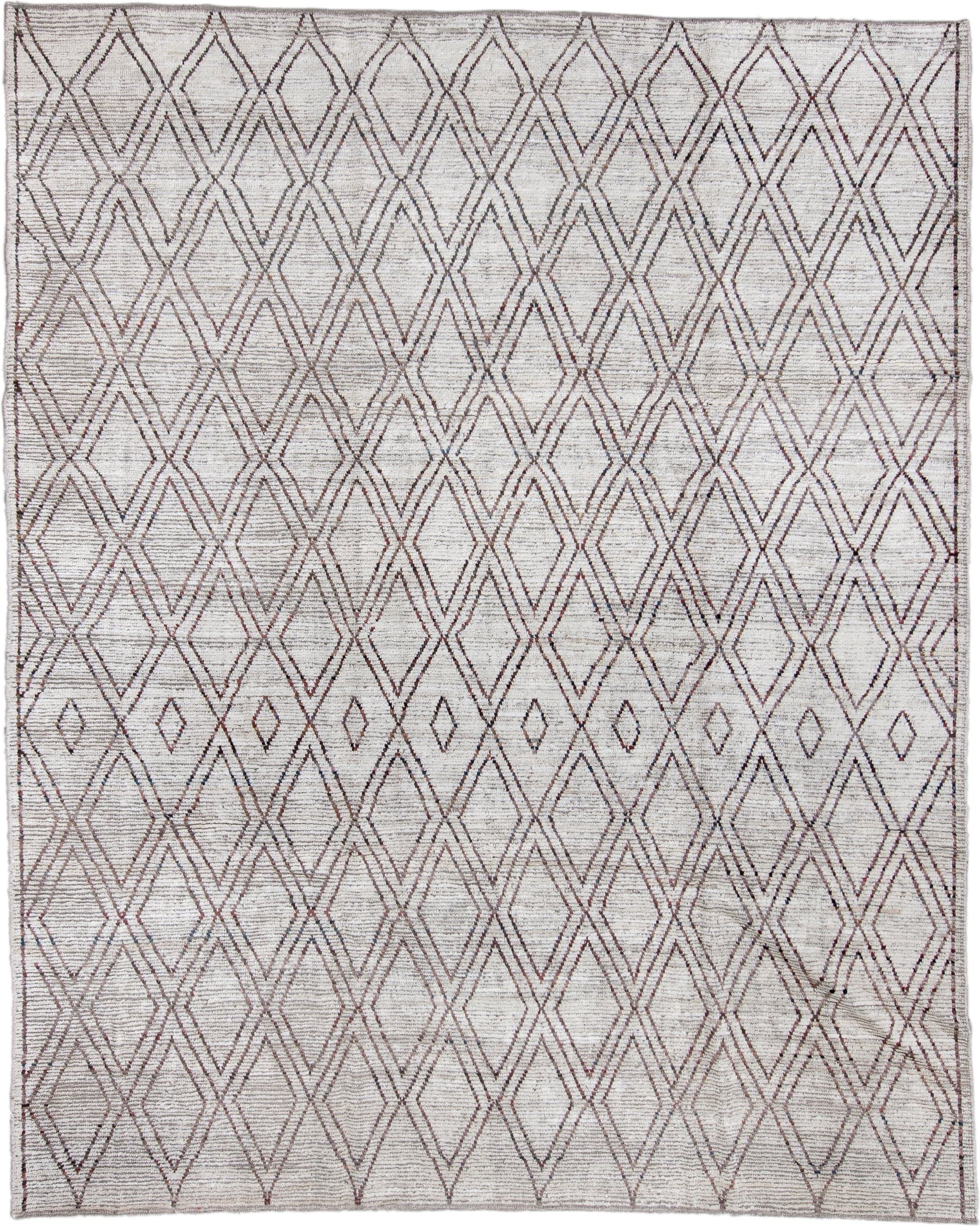 9' x 11' one-of-a-kind handmade vintage Tulu large size rug. Color palette: ivory, taupe, brown, charcoal, beige, gray