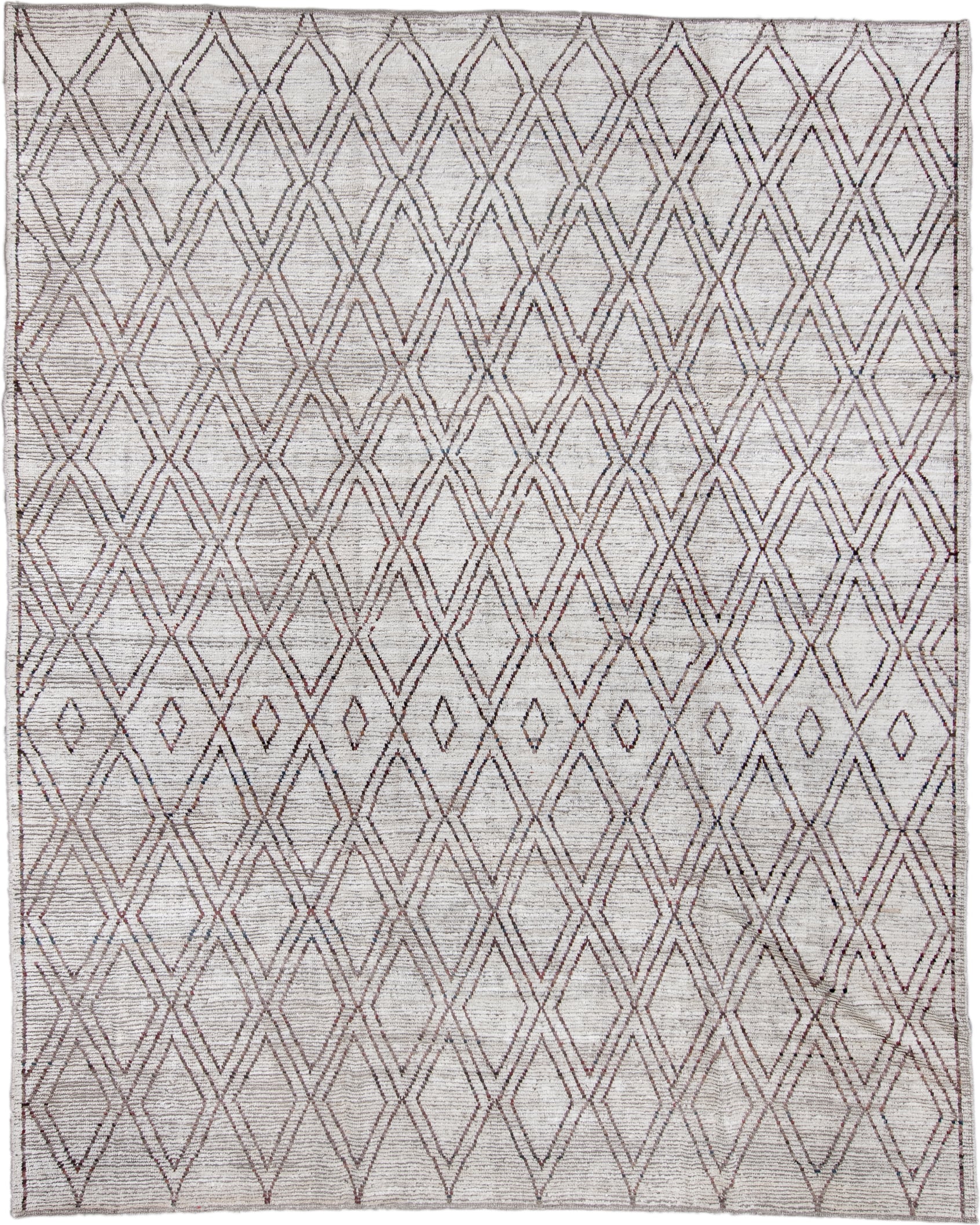 9' x 11' one-of-a-kind handmade vintage Tulu large size rug. Color palette: ivory, taupe, brown, charcoal, beige, gray