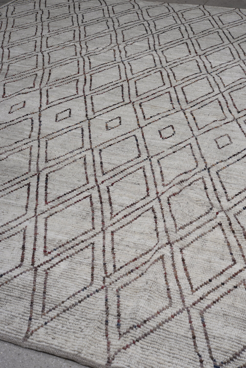 9' x 11' one-of-a-kind handmade vintage Tulu large size rug. Color palette: ivory, taupe, brown, charcoal, beige, gray